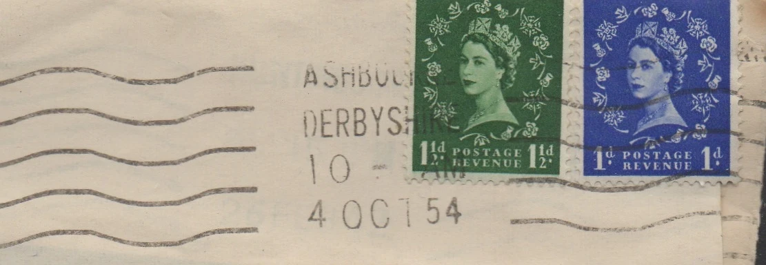 Postmark of Ashbourne Derbyshire Krag machine 1954